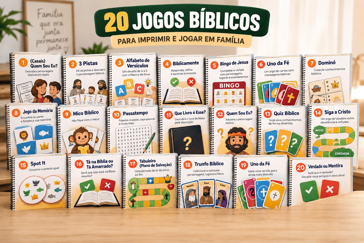 Capa do kit: 20 jogos bíblicos impressos para jogar em família